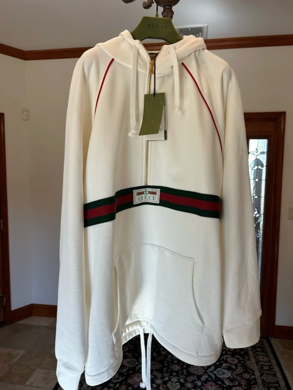 Men's Gucci cotton half zip hoodie signature green/red web trim gold size XXL